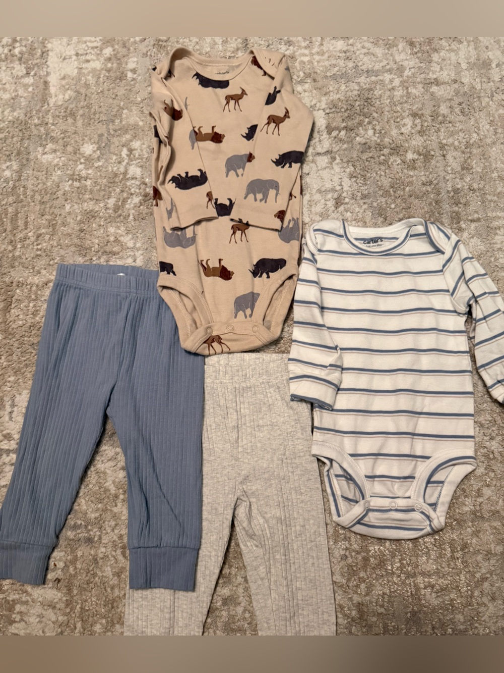 Carter's Beige Animal Print Long Sleeve Bodysuit & Blue/Gray Matching Pants Set